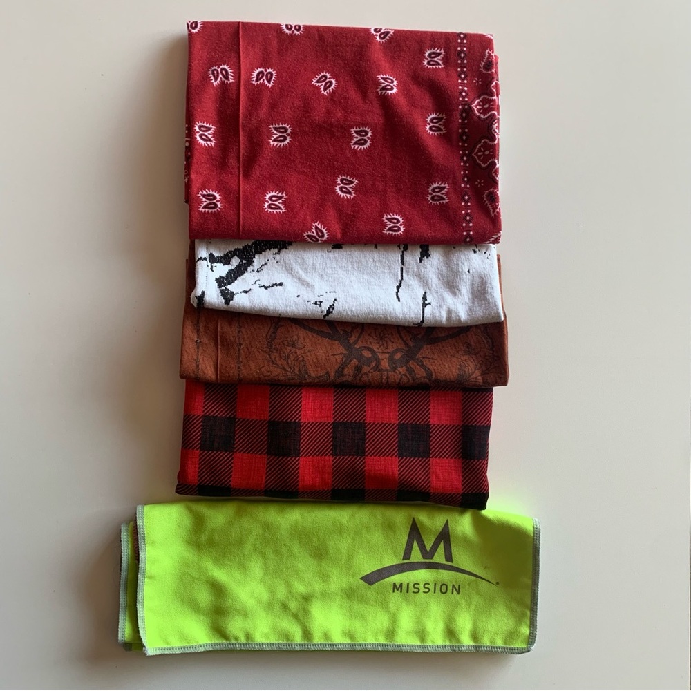 Set of 5 Neck Gaters and one Mission Towel. For men, women and kids. Or pets?